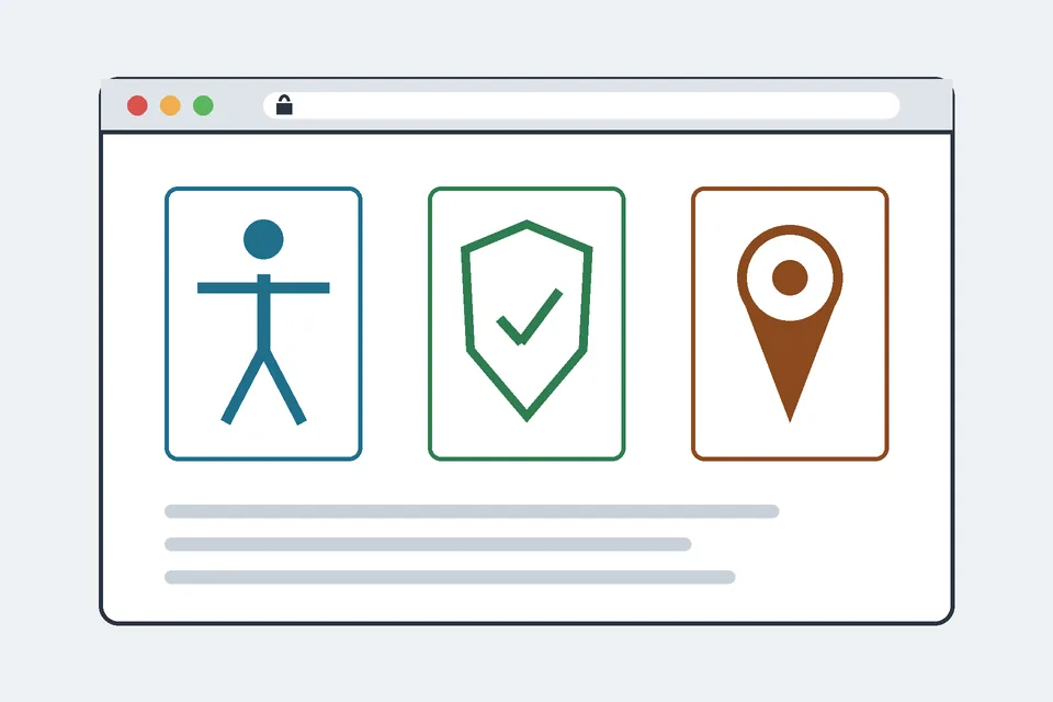 Illustration of a browser window with three panels: an accessibility figure, a shield with a tick and a map pin